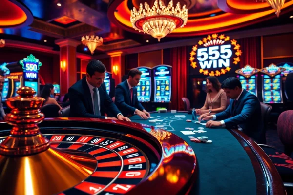 Exciting gambling scene showcasing the thrill of 555 win with poker chips and roulette.
