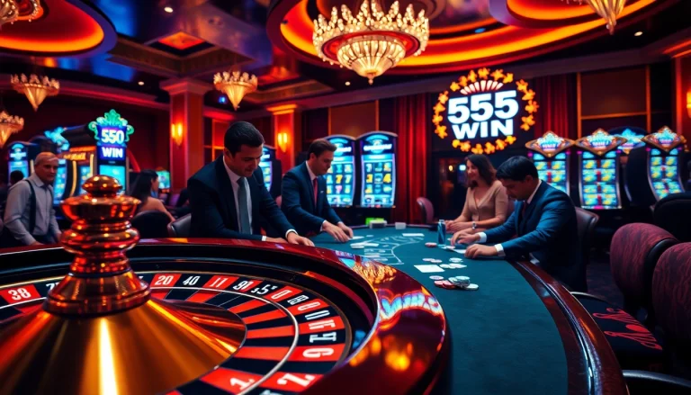 Exciting gambling scene showcasing the thrill of 555 win with poker chips and roulette.