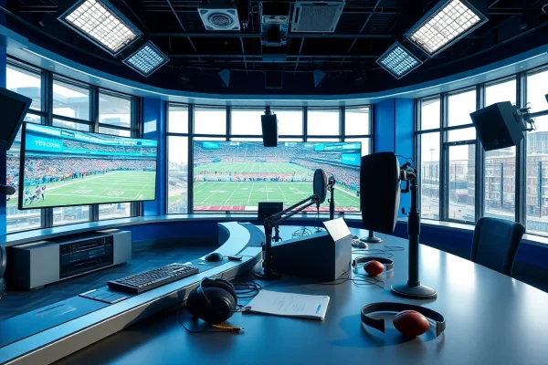 Engaging sports broadcasting studio with advanced equipment and vibrant game visuals.