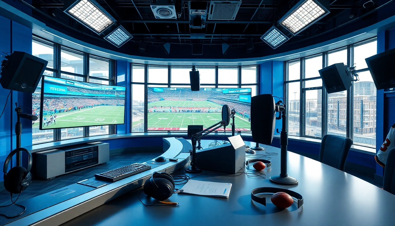 Engaging sports broadcasting studio with advanced equipment and vibrant game visuals.