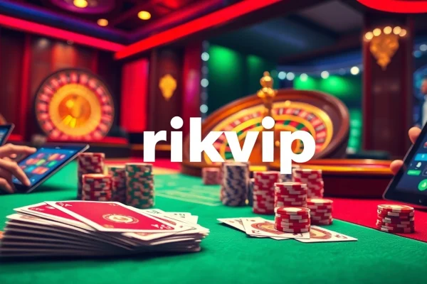 Experience the excitement of rikvip with vibrant casino tables, poker chips, and a spinning roulette wheel.