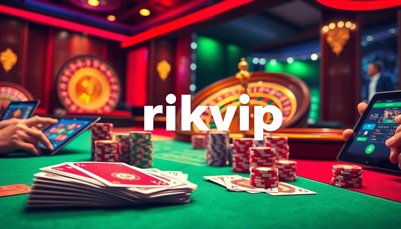 Experience the excitement of rikvip with vibrant casino tables, poker chips, and a spinning roulette wheel.