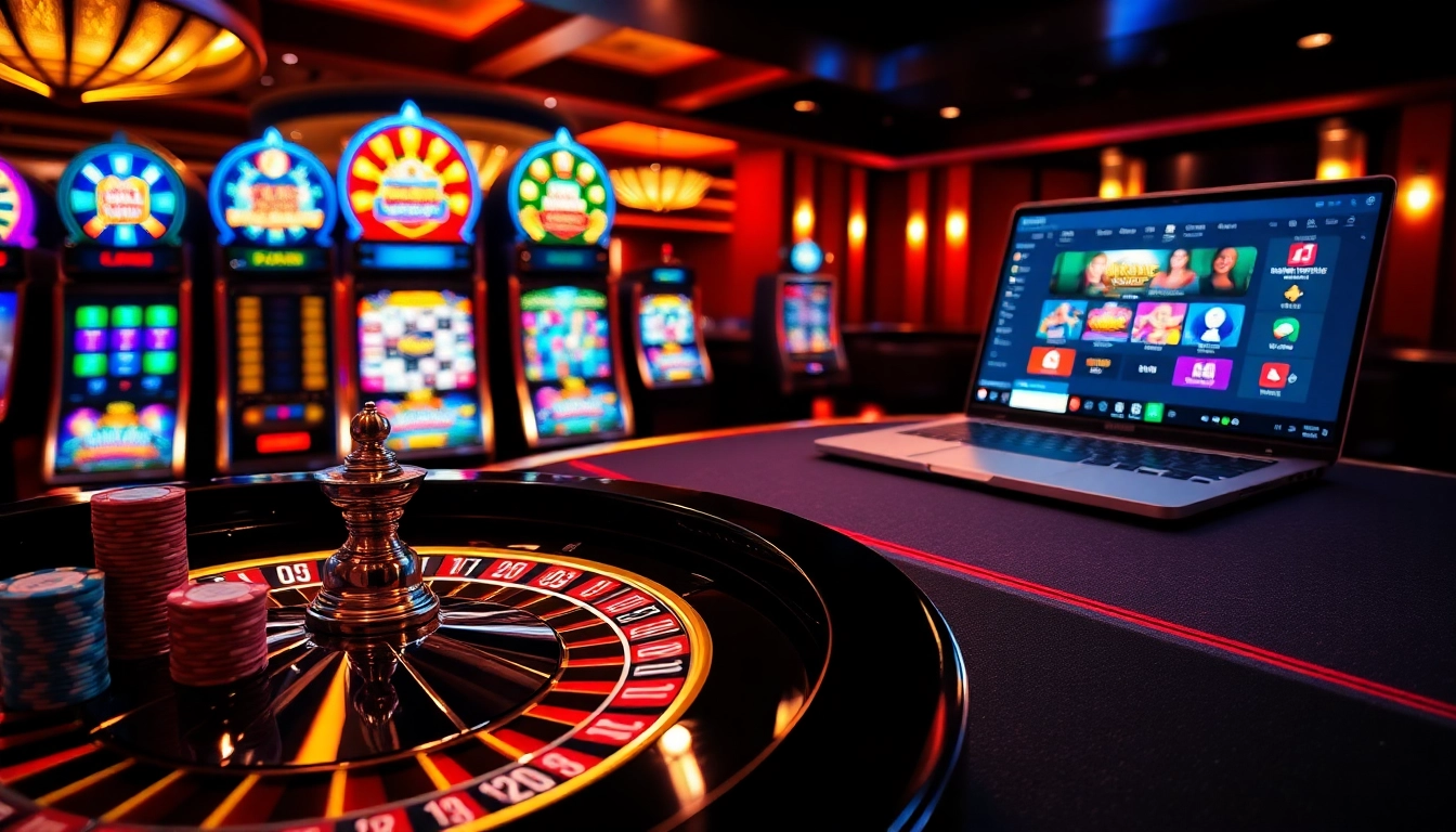Exciting casino table scene featuring the hay88 poker setup and colorful slot machines.