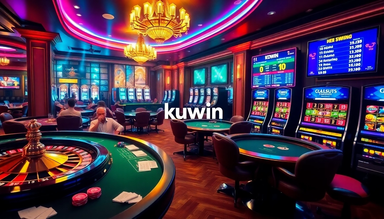 Kuwin casino players engaged in poker and roulette amidst a vibrant gaming atmosphere.