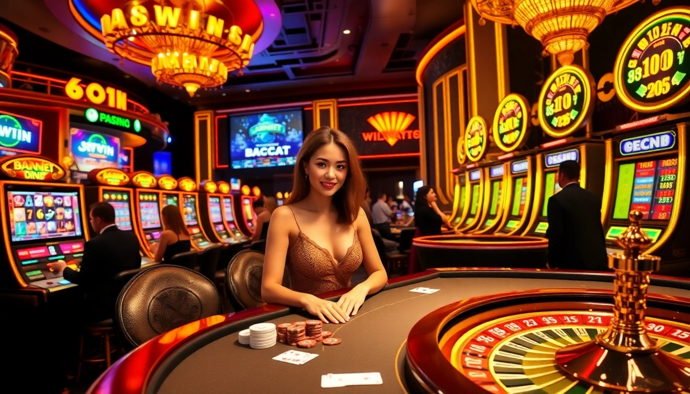 High-stakes gaming action at 98win com featuring poker tables and slot machines