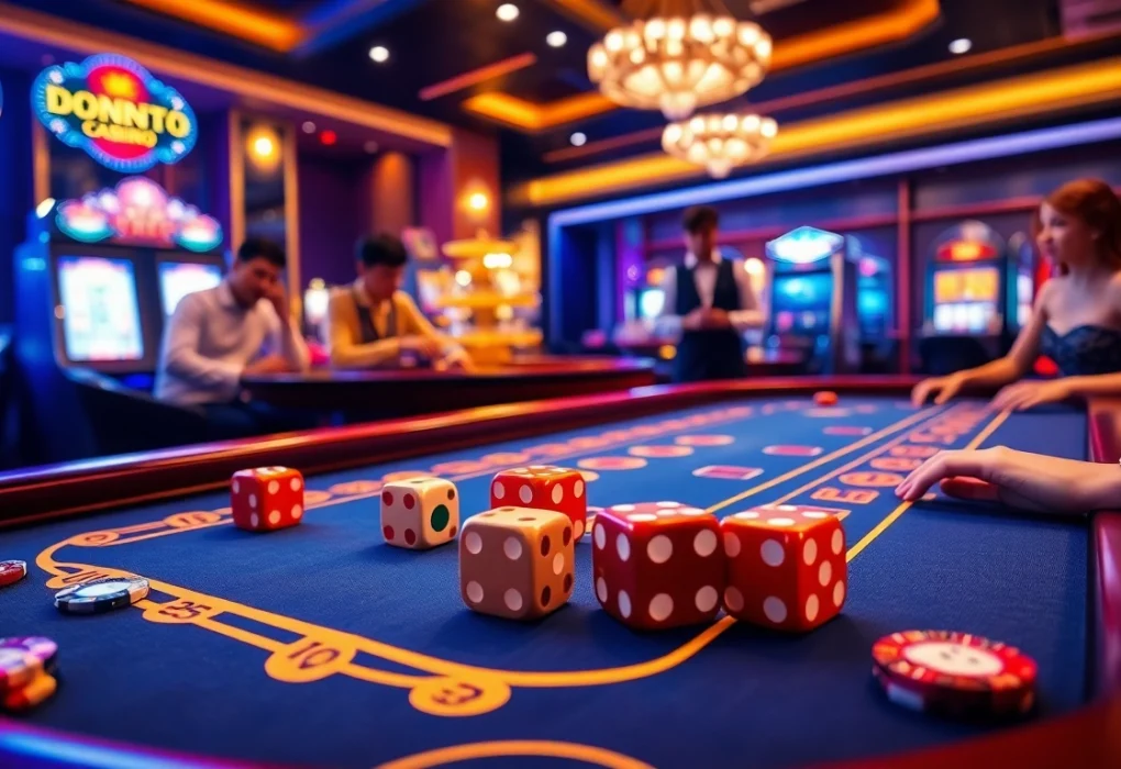 Tài xỉu online players engaging at a luxurious casino table with colorful dice.
