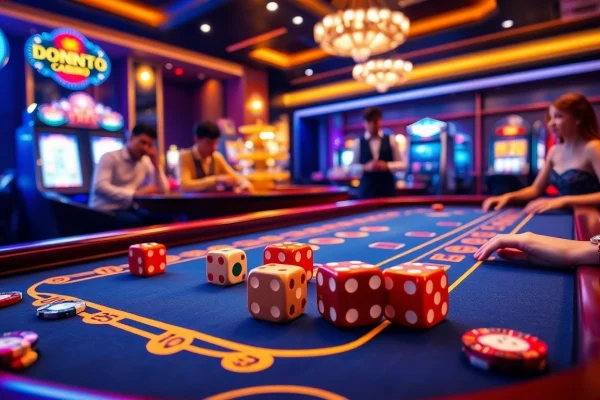 Tài xỉu online players engaging at a luxurious casino table with colorful dice.