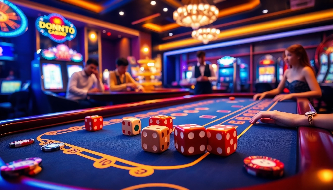 Tài xỉu online players engaging at a luxurious casino table with colorful dice.