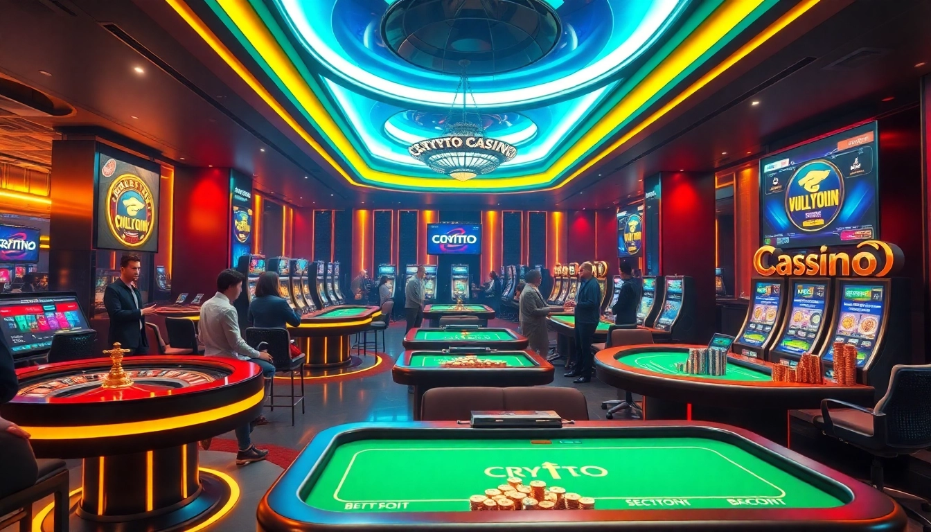 Excited players gamble at crypto casinos showcasing digital games and neon lights.