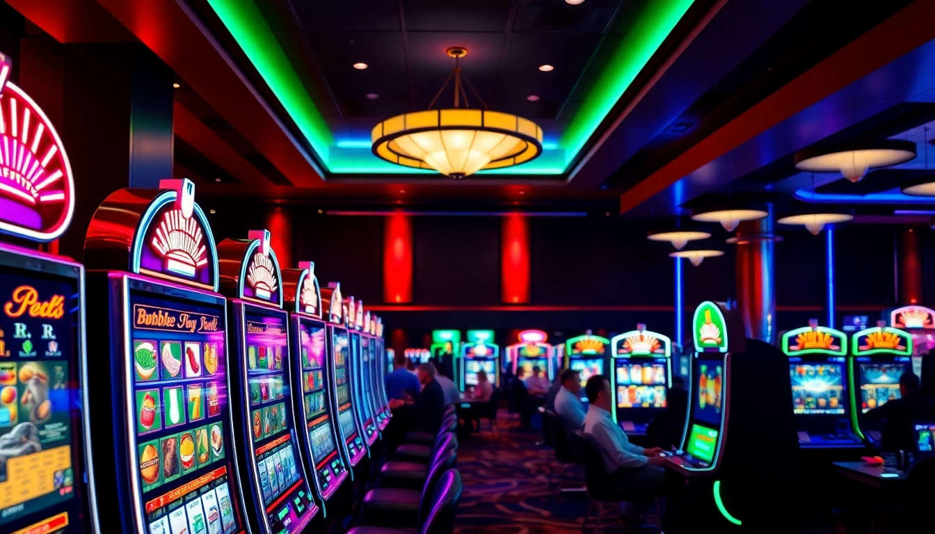 Vibrant scene of casino en ligne with exciting slot machines and players engaged.