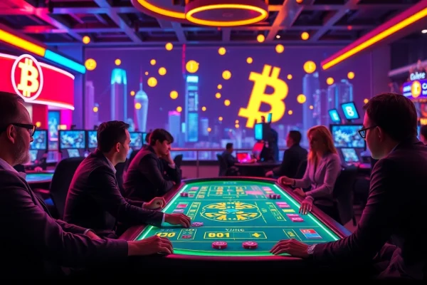 Joueurs captivés par l'expérience de Bitcoin casino avec des lumières vives et des symboles numériques.