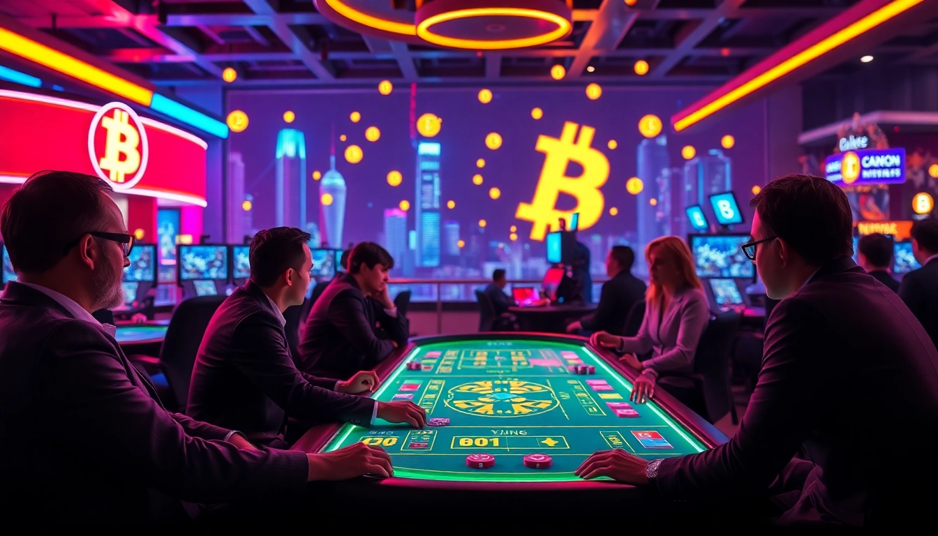 Joueurs captivés par l'expérience de Bitcoin casino avec des lumières vives et des symboles numériques.