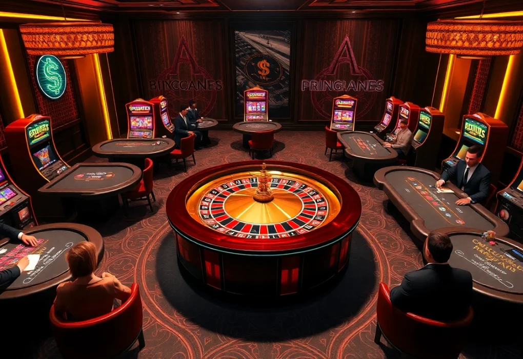 Experience the excitement of a crypto casino with vibrant tables and glowing slot machines.