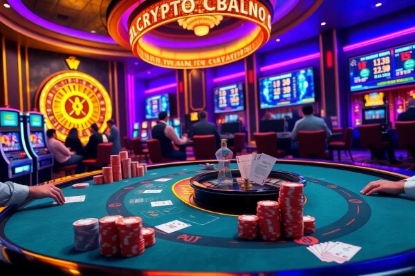 Players engaging with digital interfaces and slot machines in vibrant crypto casinos.