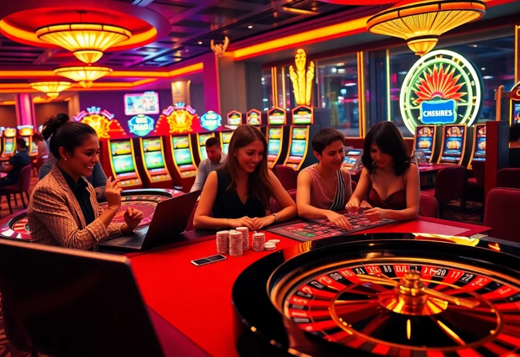 Exciting scene of players enjoying their favorite games at a meilleur casino en ligne with vivid tables and slot machines.
