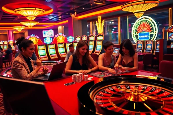 Exciting scene of players enjoying their favorite games at a meilleur casino en ligne with vivid tables and slot machines.