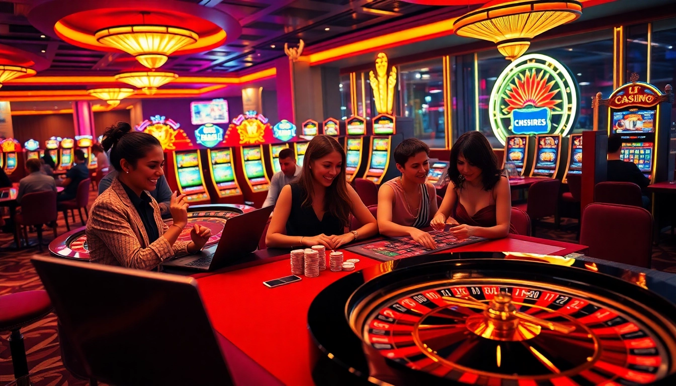 Exciting scene of players enjoying their favorite games at a meilleur casino en ligne with vivid tables and slot machines.